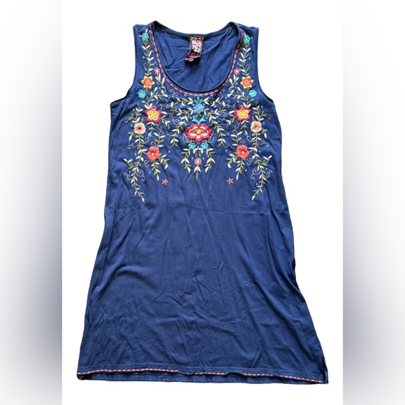 Johnny Was Dress Blue Floral Embroidered Cotton Jersey Sleeveless Tank Small S - Picture 1 of 5